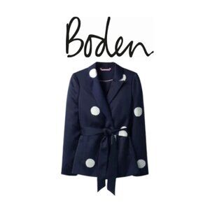 Boden Navy Polka Dot Tie-Waist Blazer Jacket